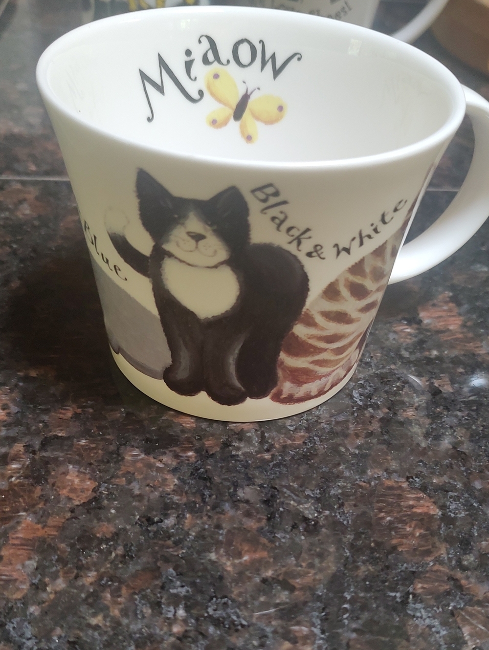 Meow Ceramic Cat Food Bowl - Black & White with Yellow Accent